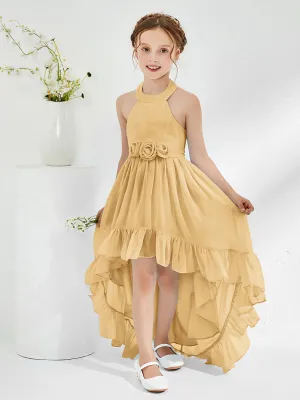 Asymmetrical A-line Junior Bridesmaid Dresses with Flower Gold