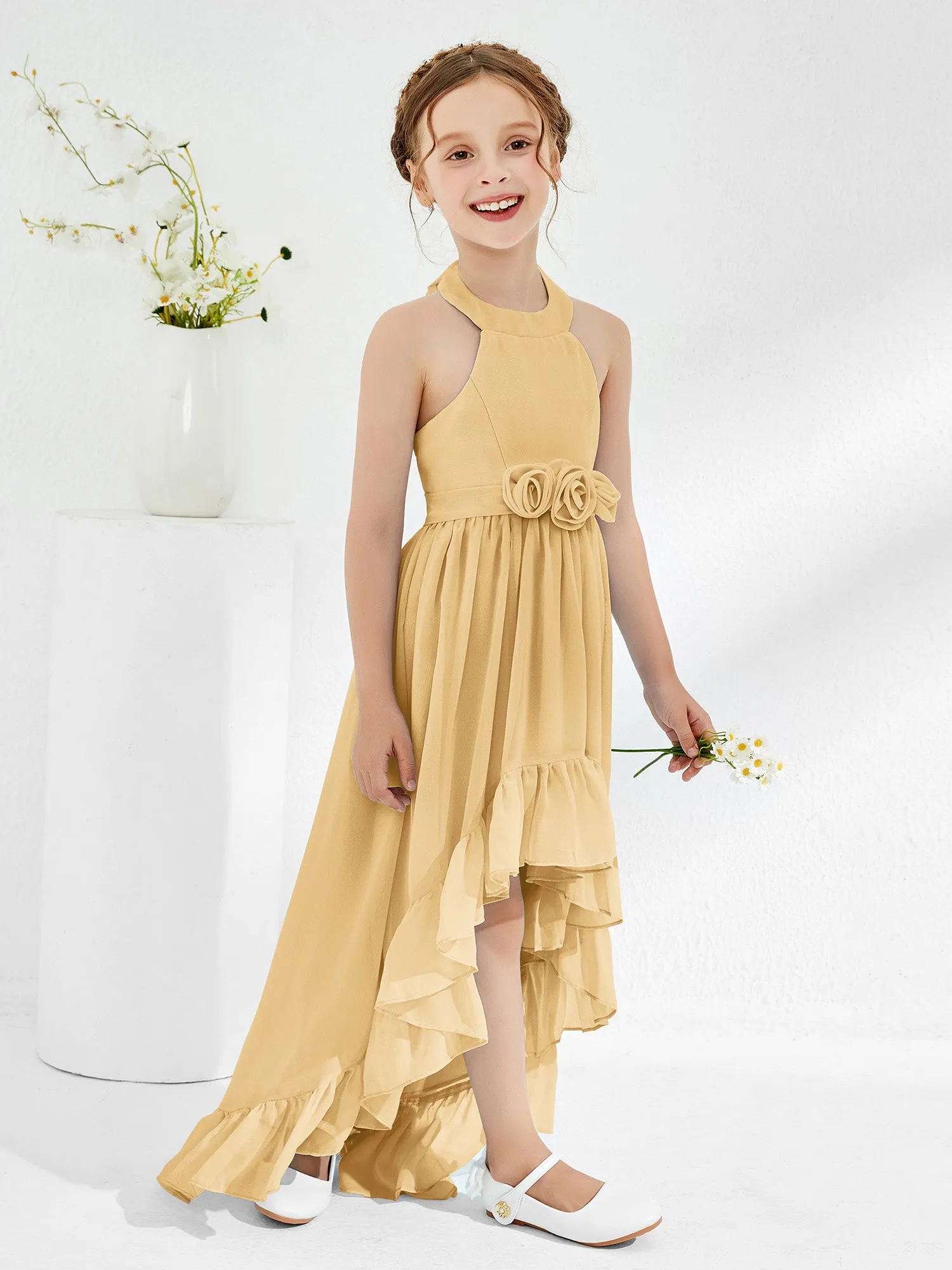 Asymmetrical A-line Junior Bridesmaid Dresses with Flower Gold