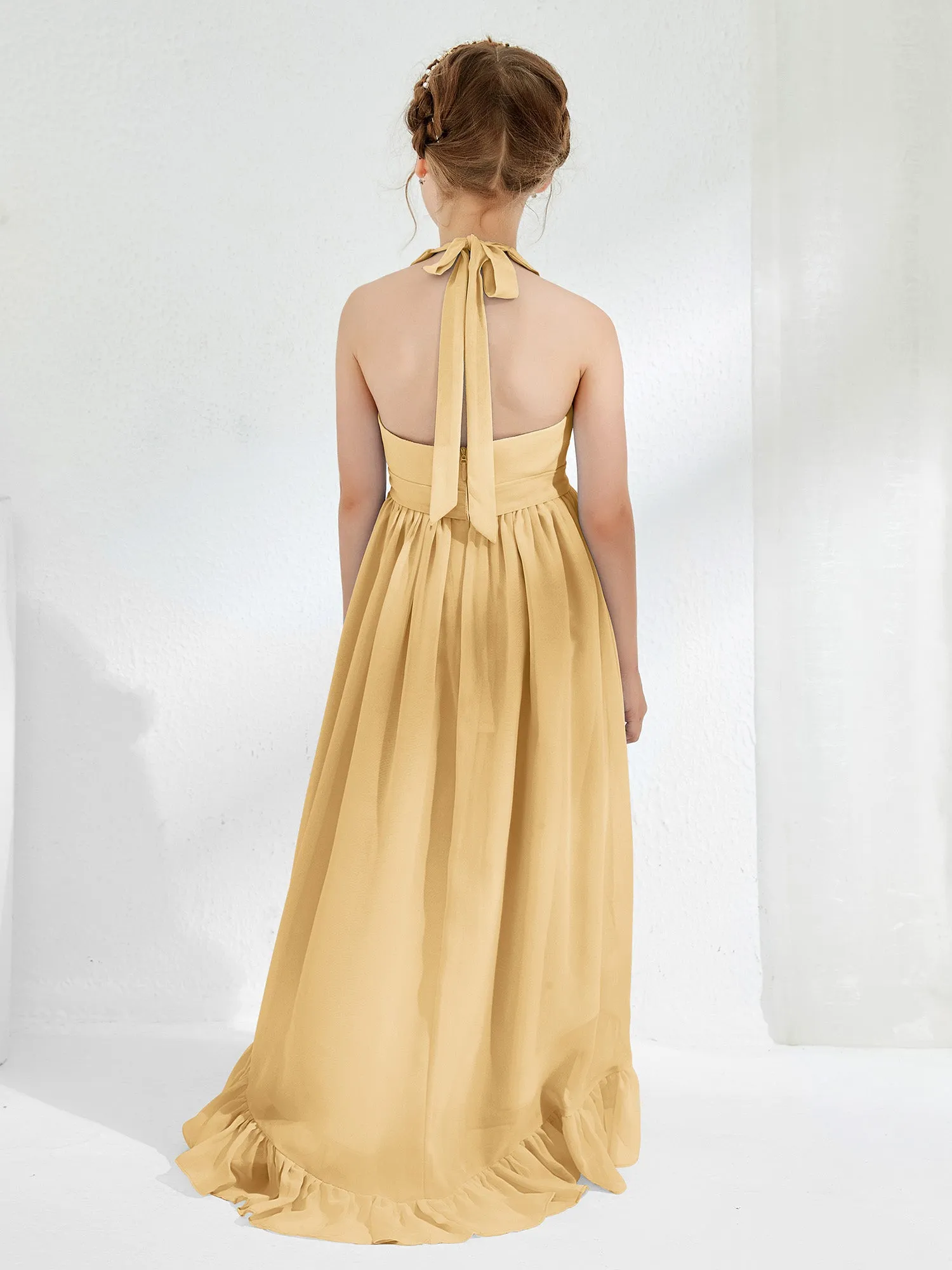 Asymmetrical A-line Junior Bridesmaid Dresses with Flower Gold