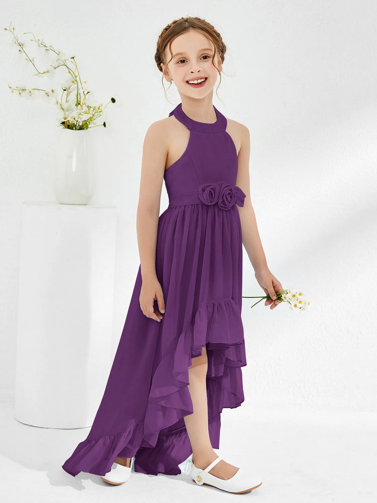 Asymmetrical A-line Junior Bridesmaid Dresses with Flower Grape