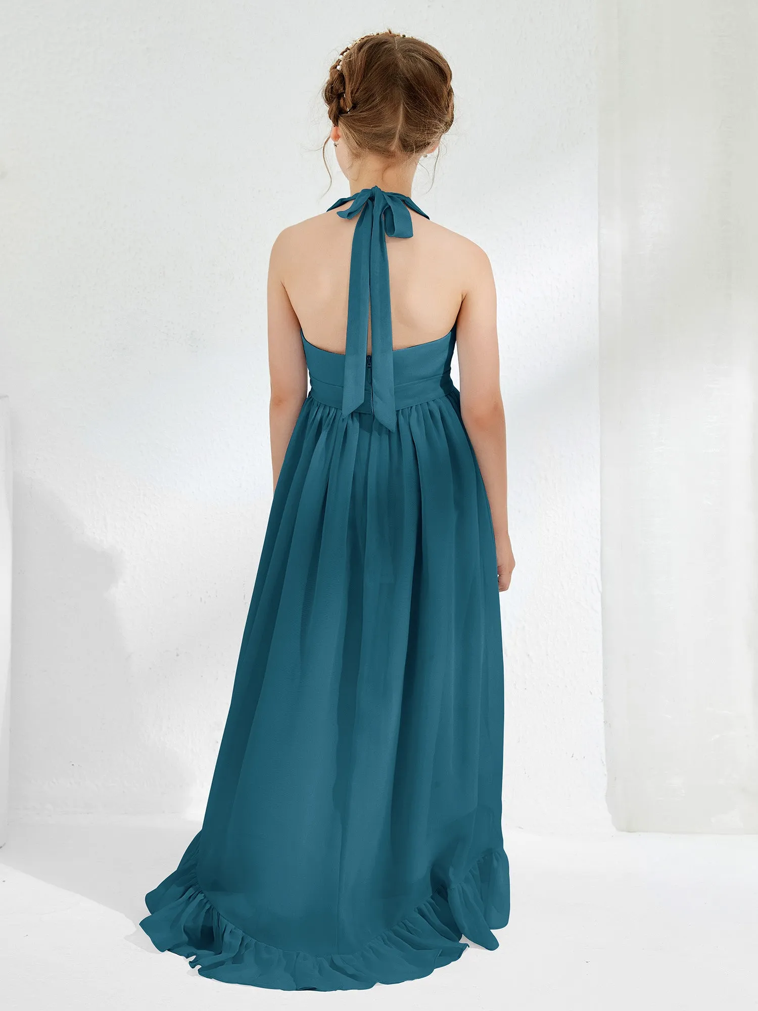 Asymmetrical A-line Junior Bridesmaid Dresses with Flower Ink Blue