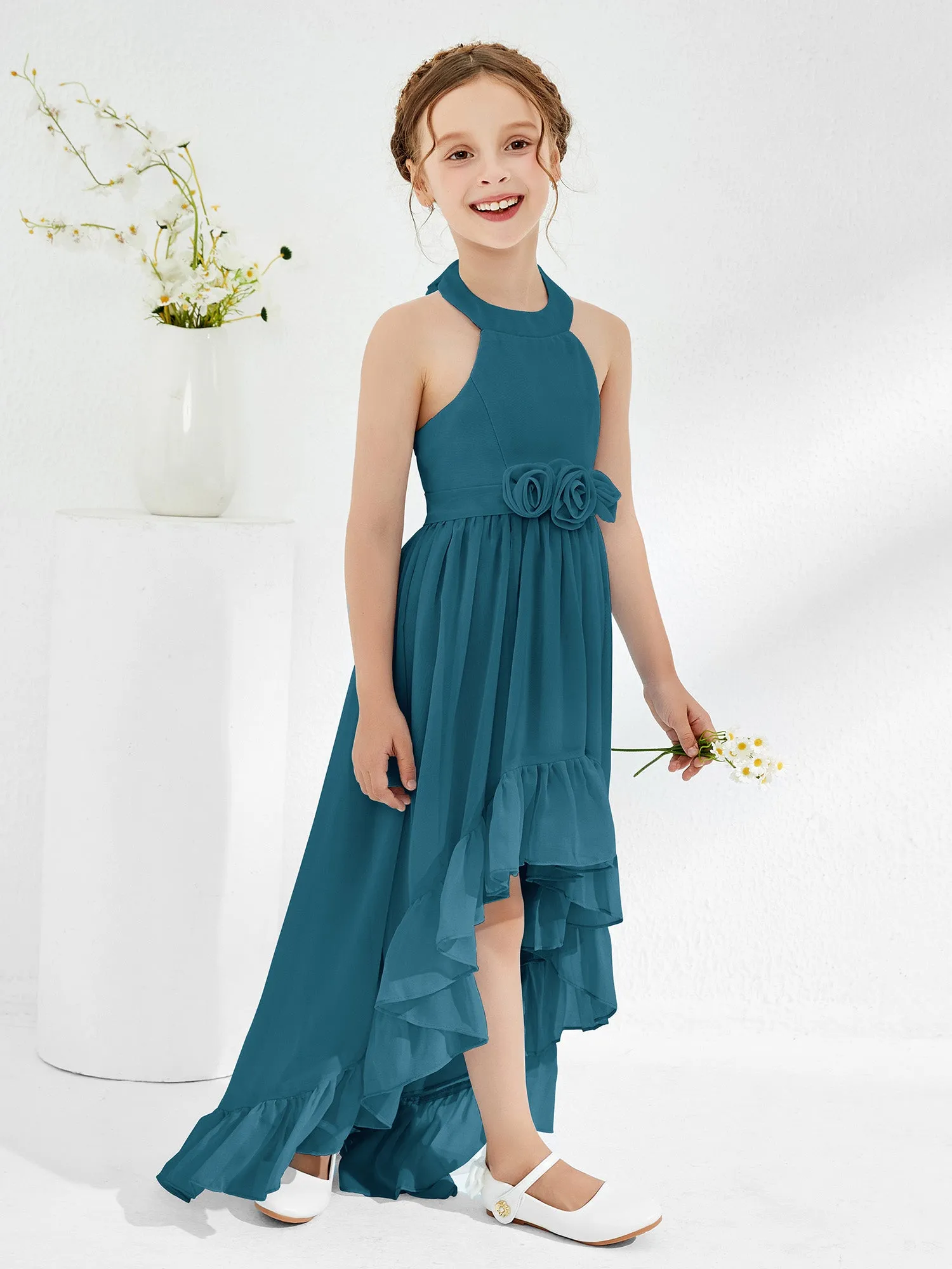 Asymmetrical A-line Junior Bridesmaid Dresses with Flower Ink Blue