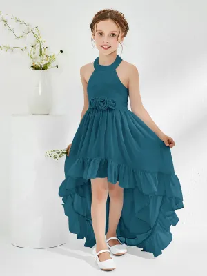 Asymmetrical A-line Junior Bridesmaid Dresses with Flower Ink Blue