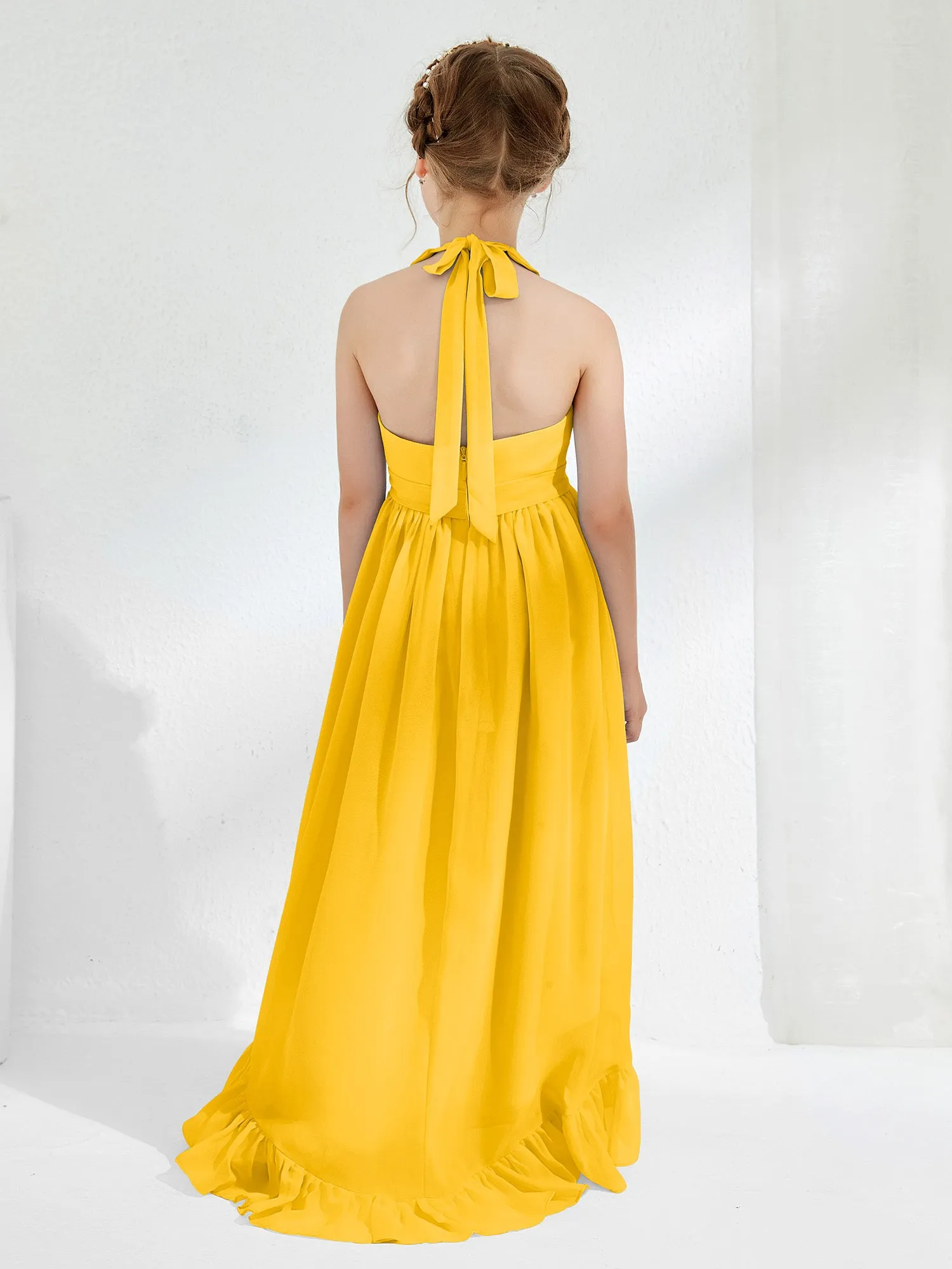 Asymmetrical A-line Junior Bridesmaid Dresses with Flower Marigold