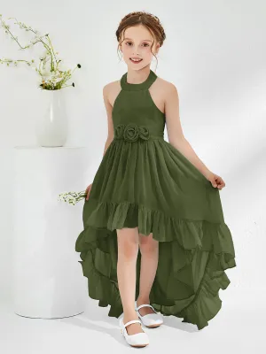 Asymmetrical A-line Junior Bridesmaid Dresses with Flower Olive Green