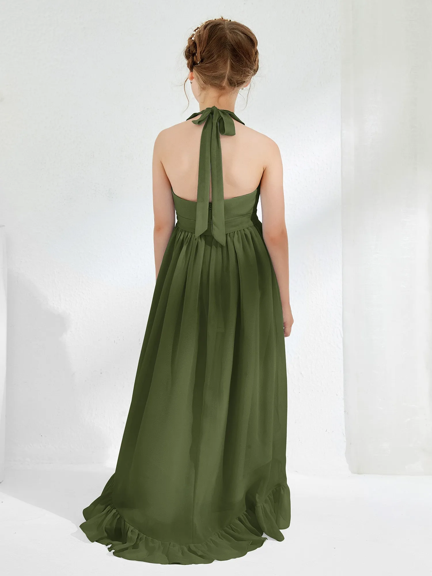 Asymmetrical A-line Junior Bridesmaid Dresses with Flower Olive Green