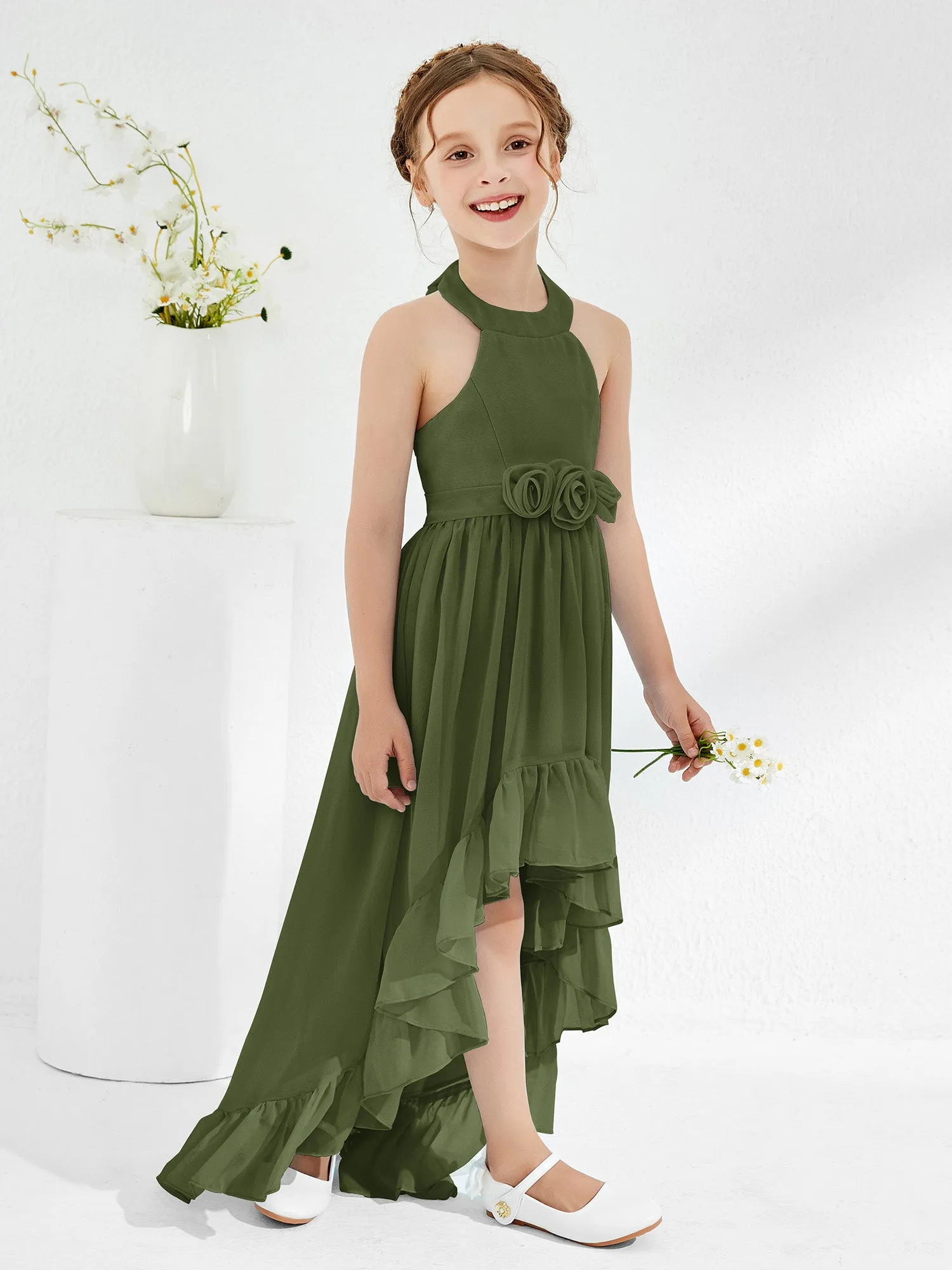 Asymmetrical A-line Junior Bridesmaid Dresses with Flower Olive Green