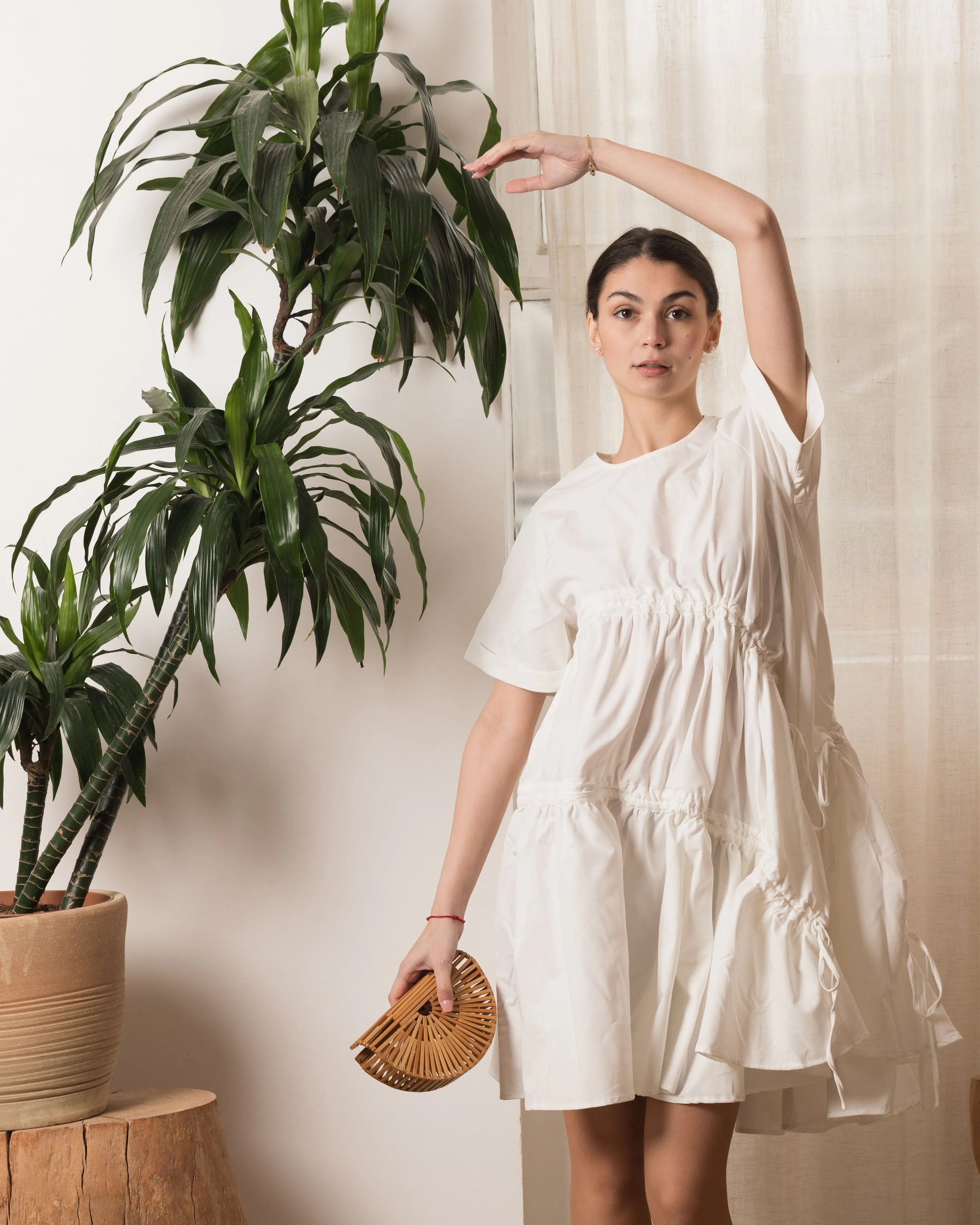 Asymmetry with adjustable ties design cotton blend dress in white