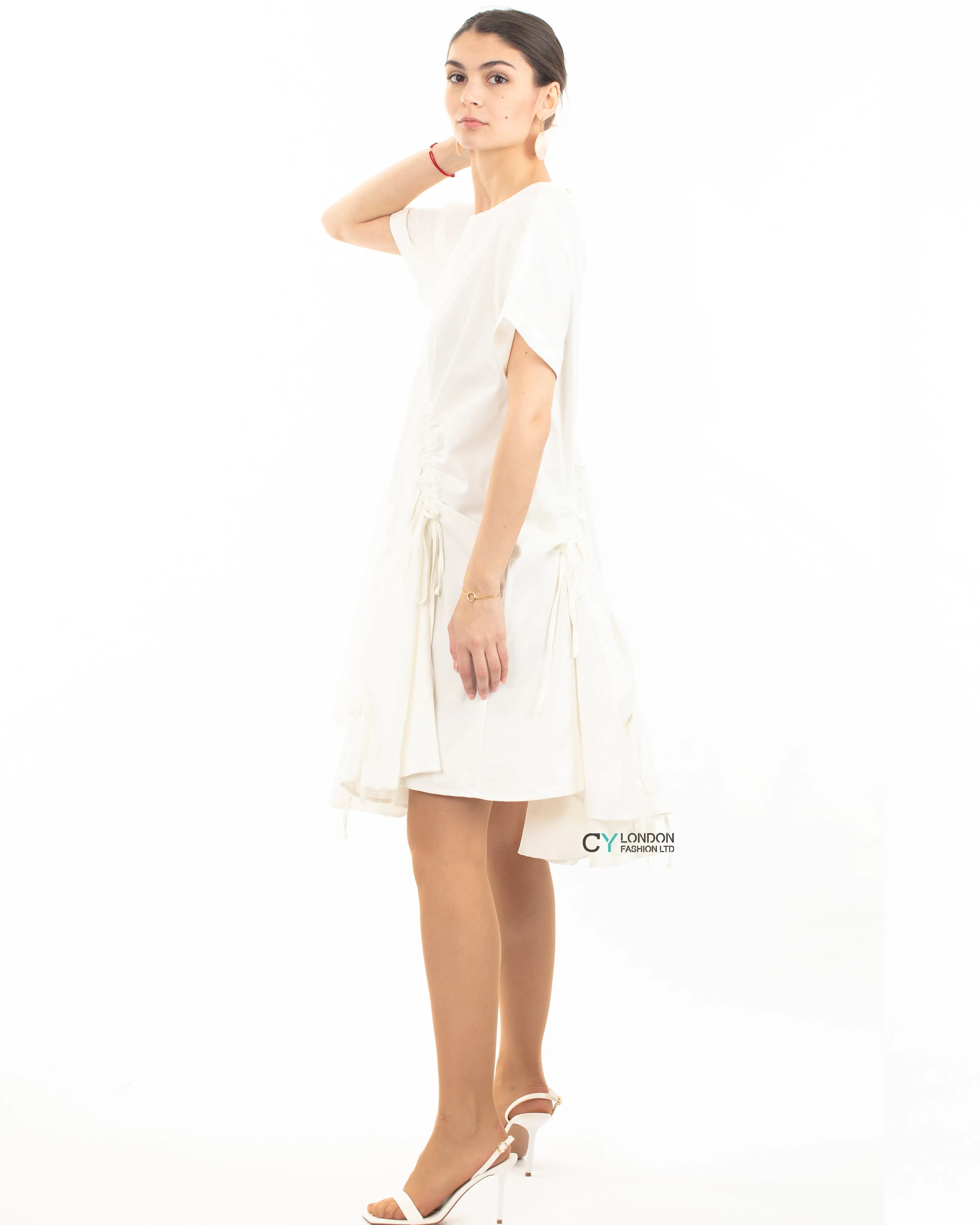 Asymmetry with adjustable ties design cotton blend dress in white