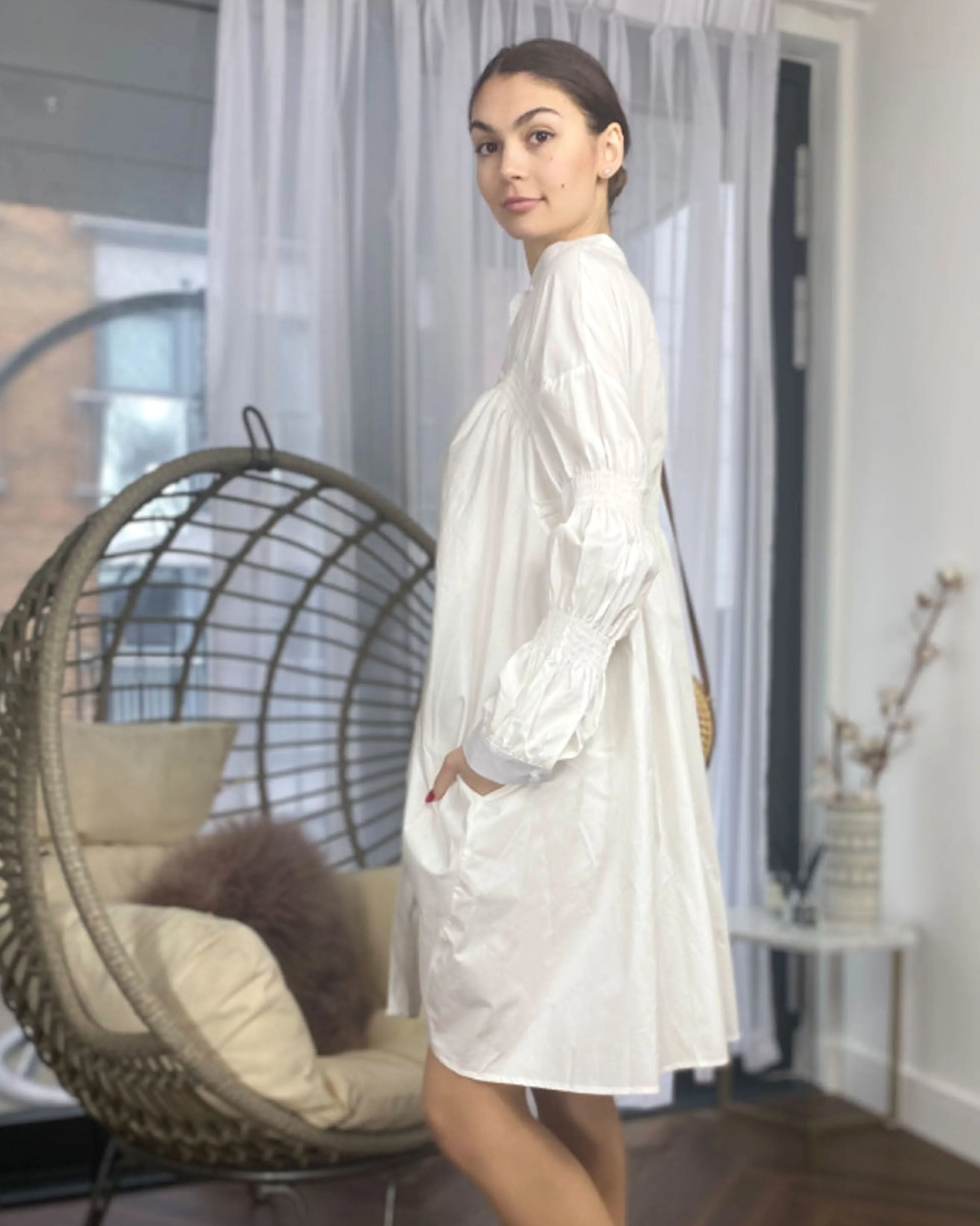 Asymmetry with Elasticated design cotton blend shirt dress in White
