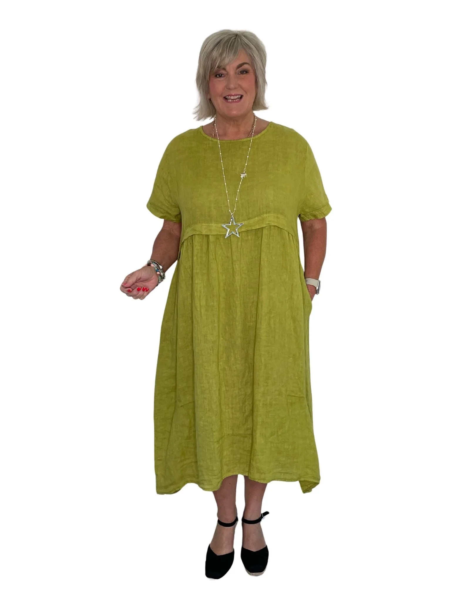Athena Made in Italy Linen Smock Dress with Dipped Hemline