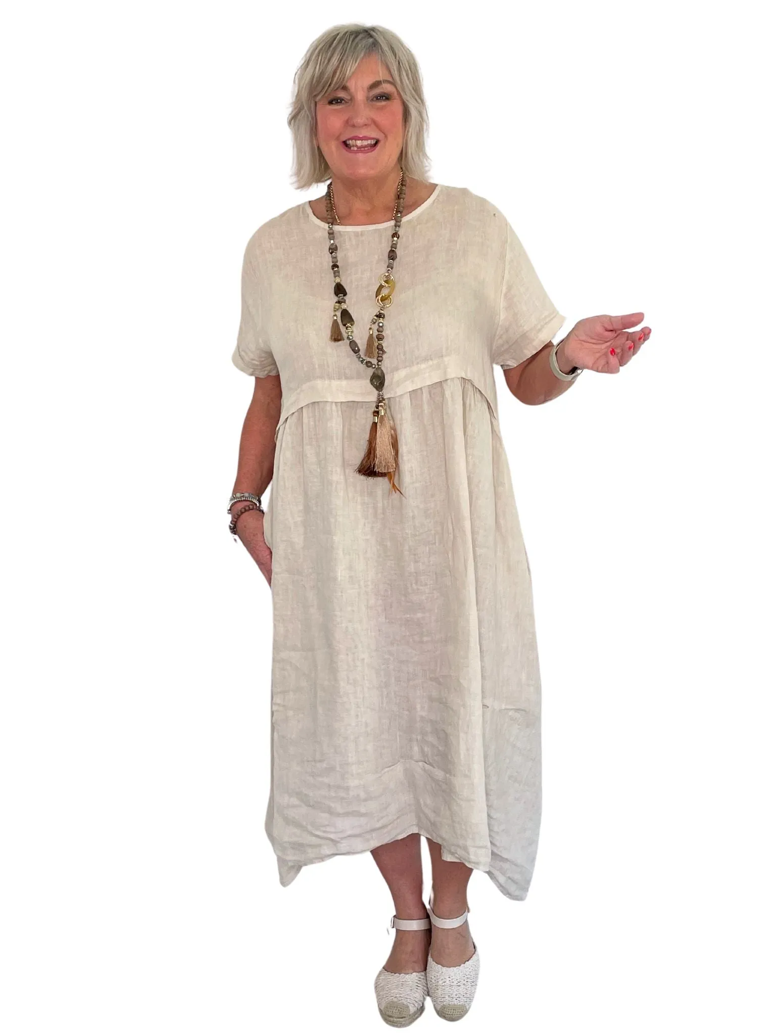 Athena Made in Italy Linen Smock Dress with Dipped Hemline