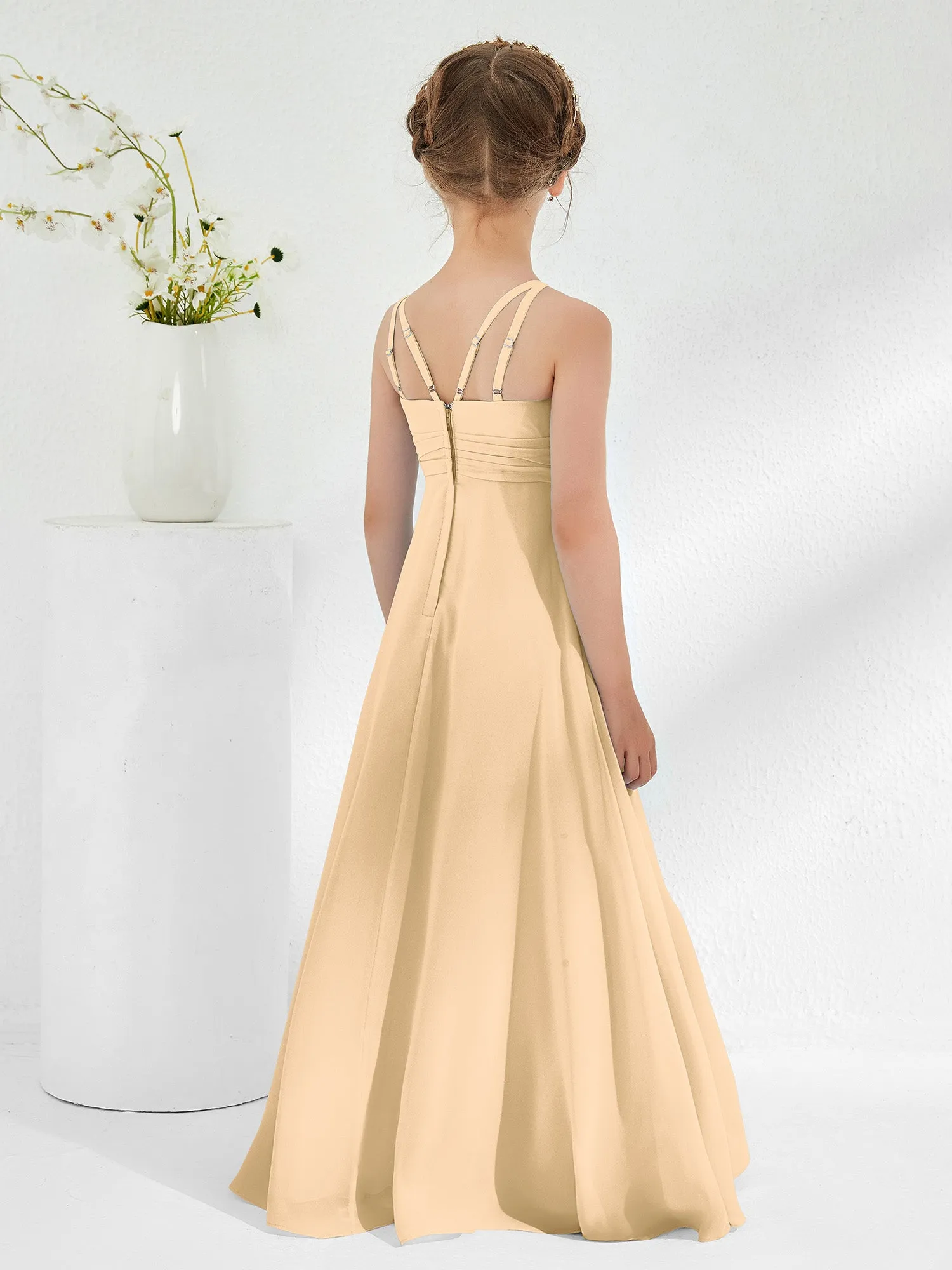 Bateau Neckline Junior Bridesmaid Dresses with Sash Champagne