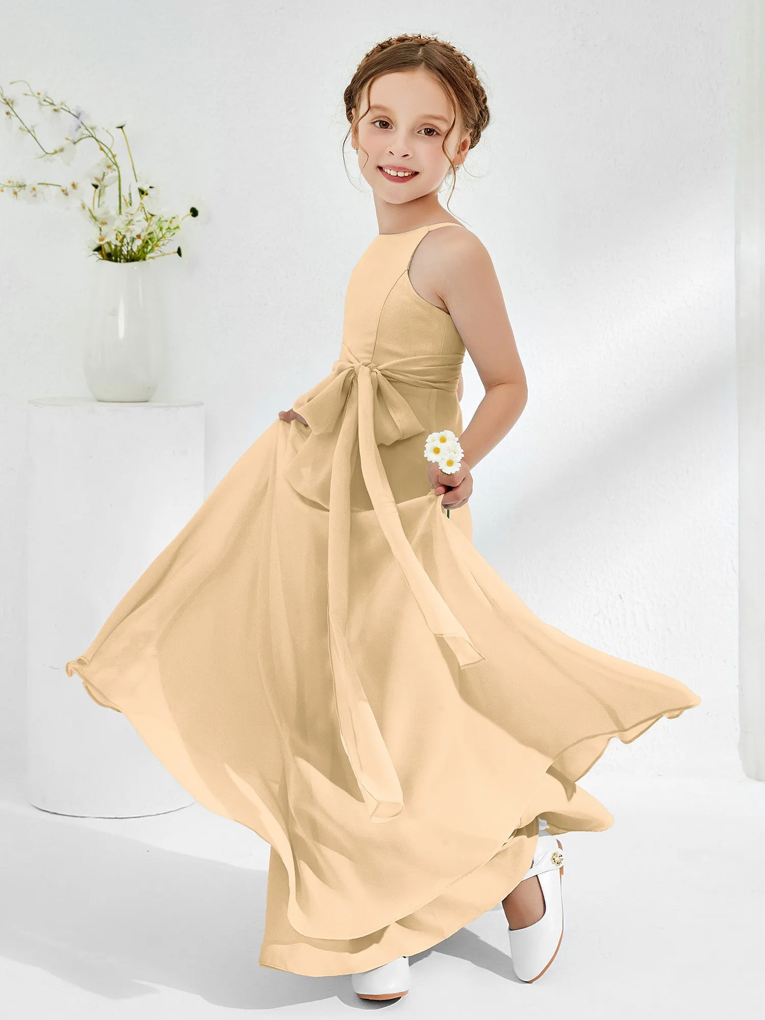 Bateau Neckline Junior Bridesmaid Dresses with Sash Champagne