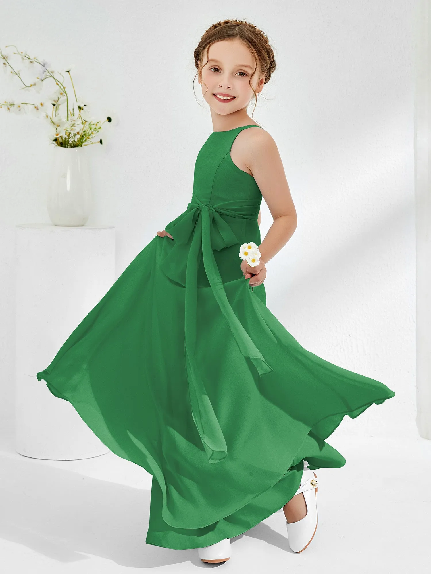Bateau Neckline Junior Bridesmaid Dresses with Sash Emerald