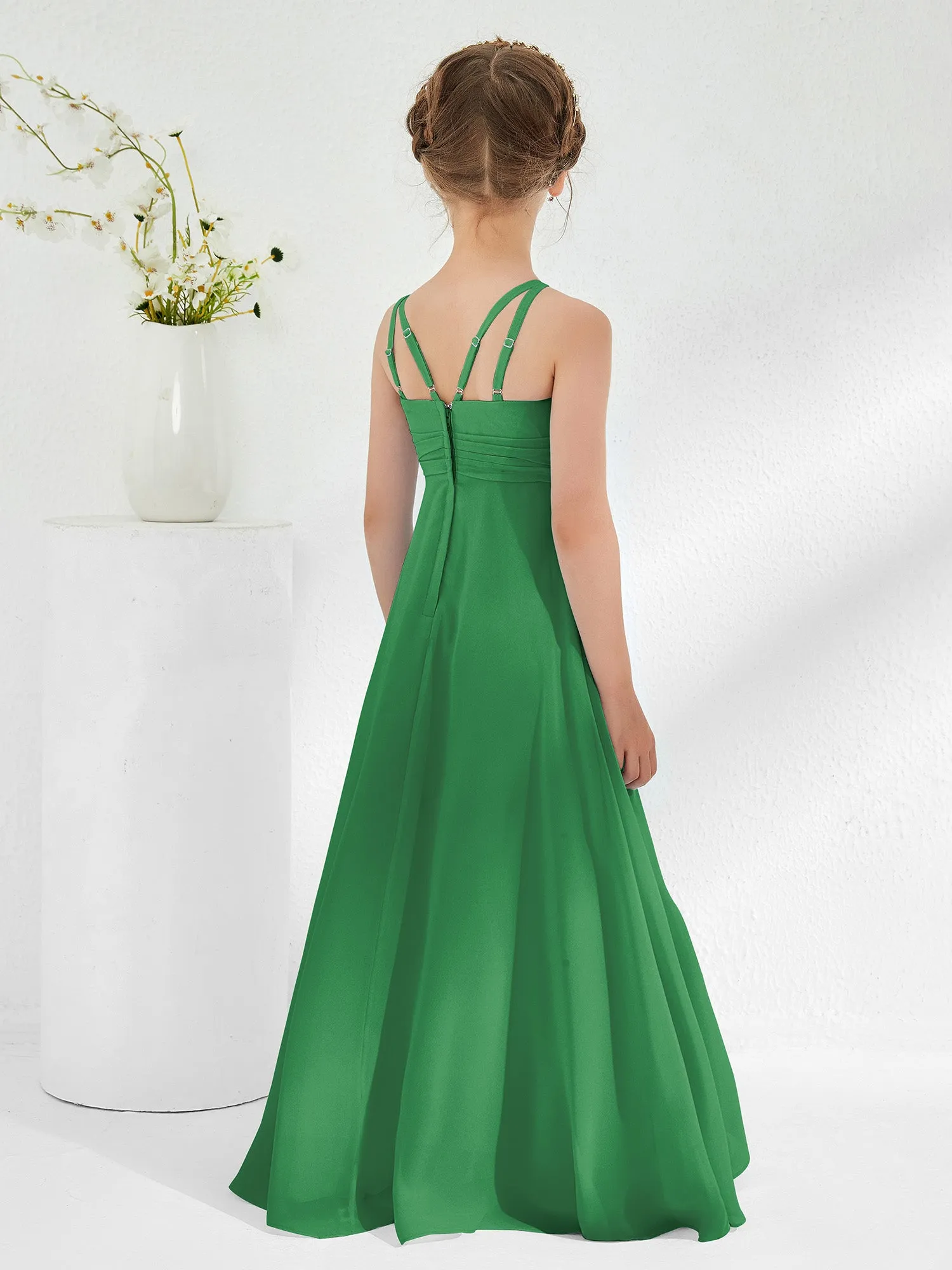 Bateau Neckline Junior Bridesmaid Dresses with Sash Emerald
