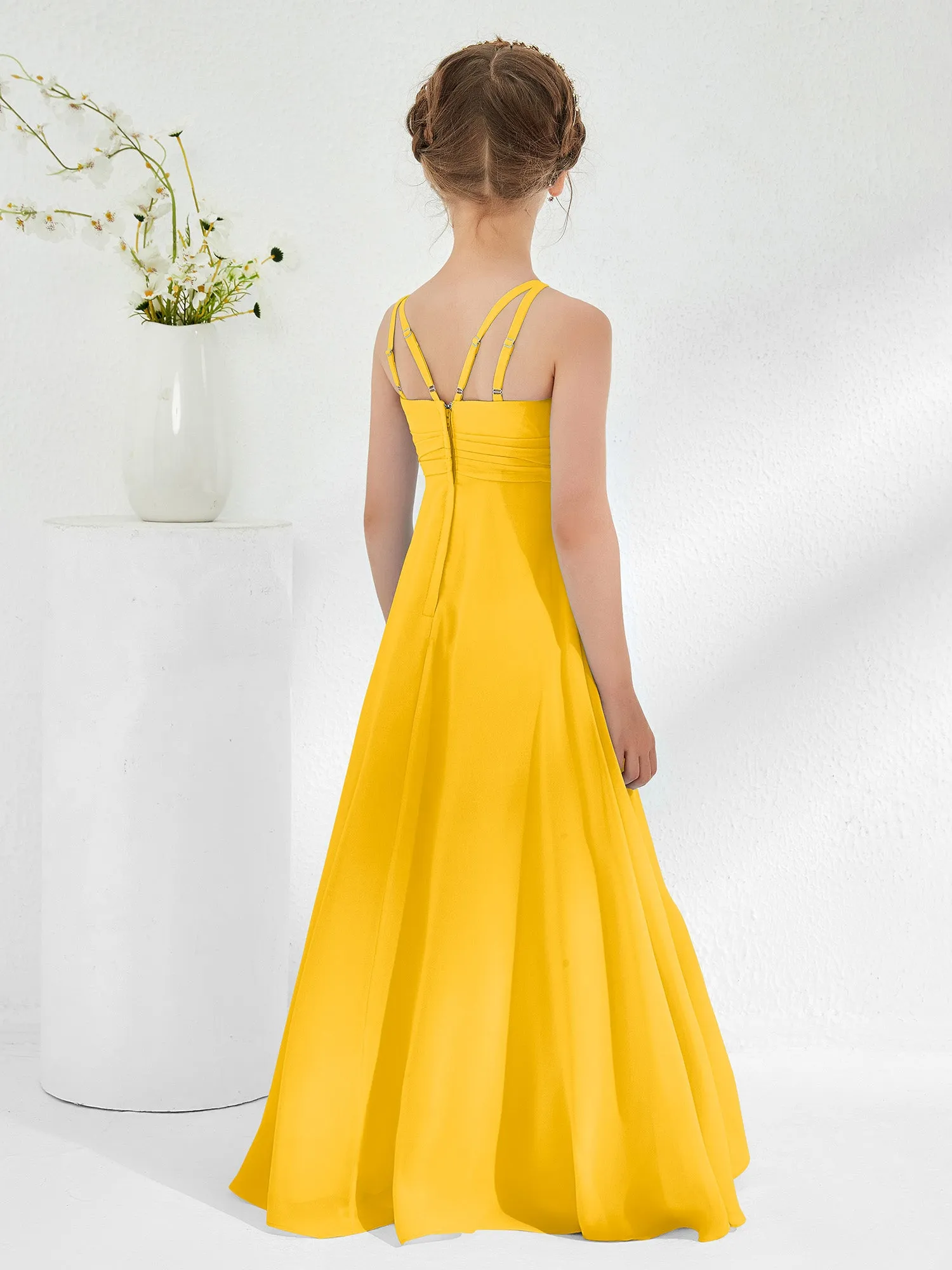 Bateau Neckline Junior Bridesmaid Dresses with Sash Marigold
