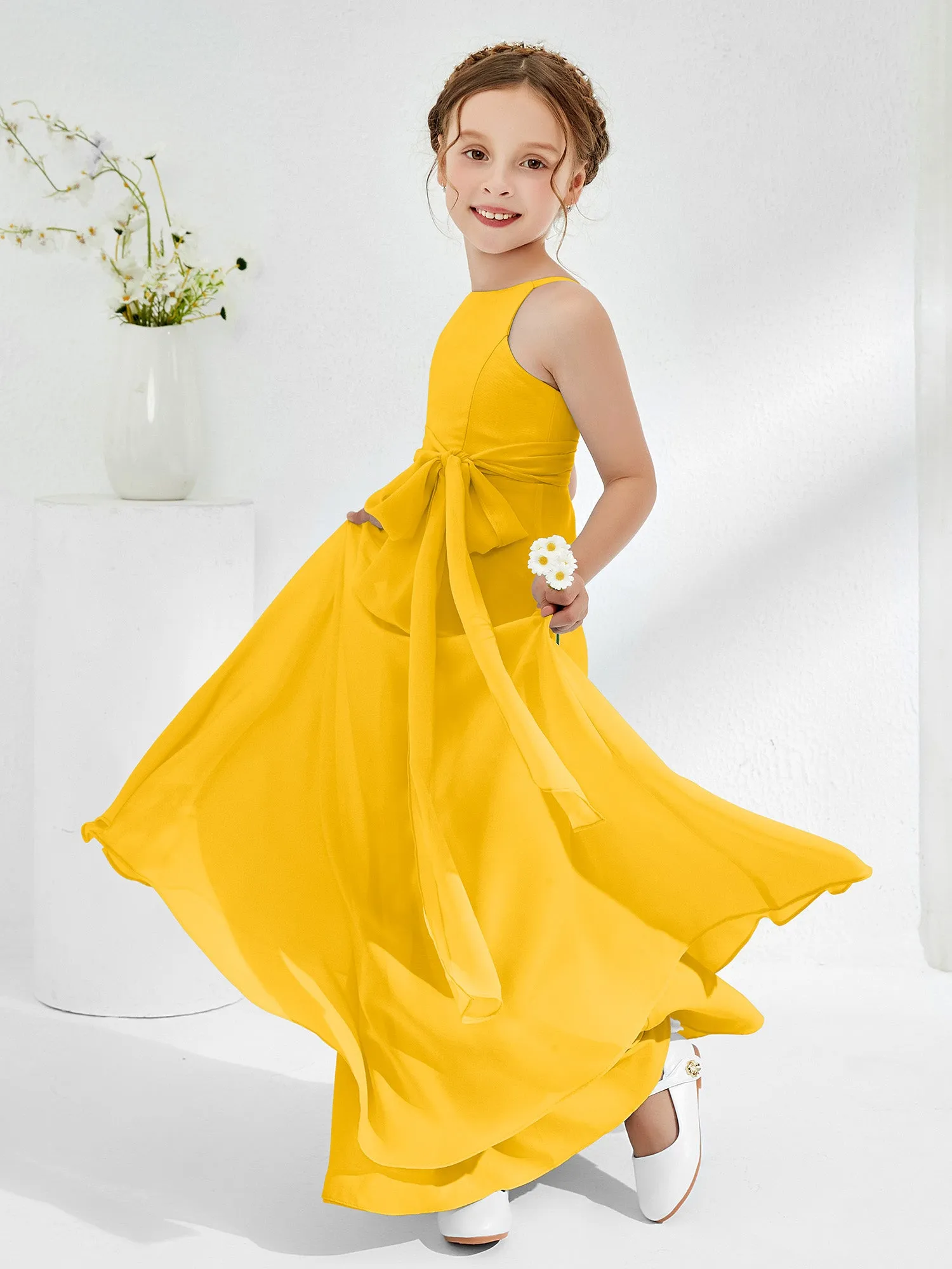 Bateau Neckline Junior Bridesmaid Dresses with Sash Marigold