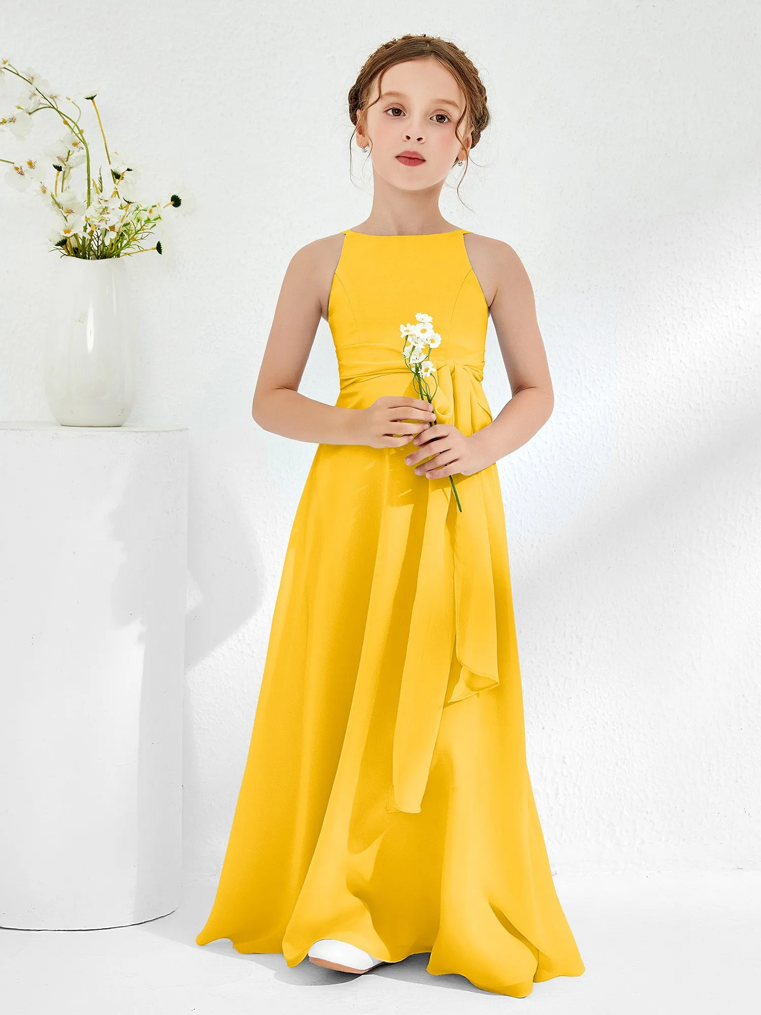 Bateau Neckline Junior Bridesmaid Dresses with Sash Marigold