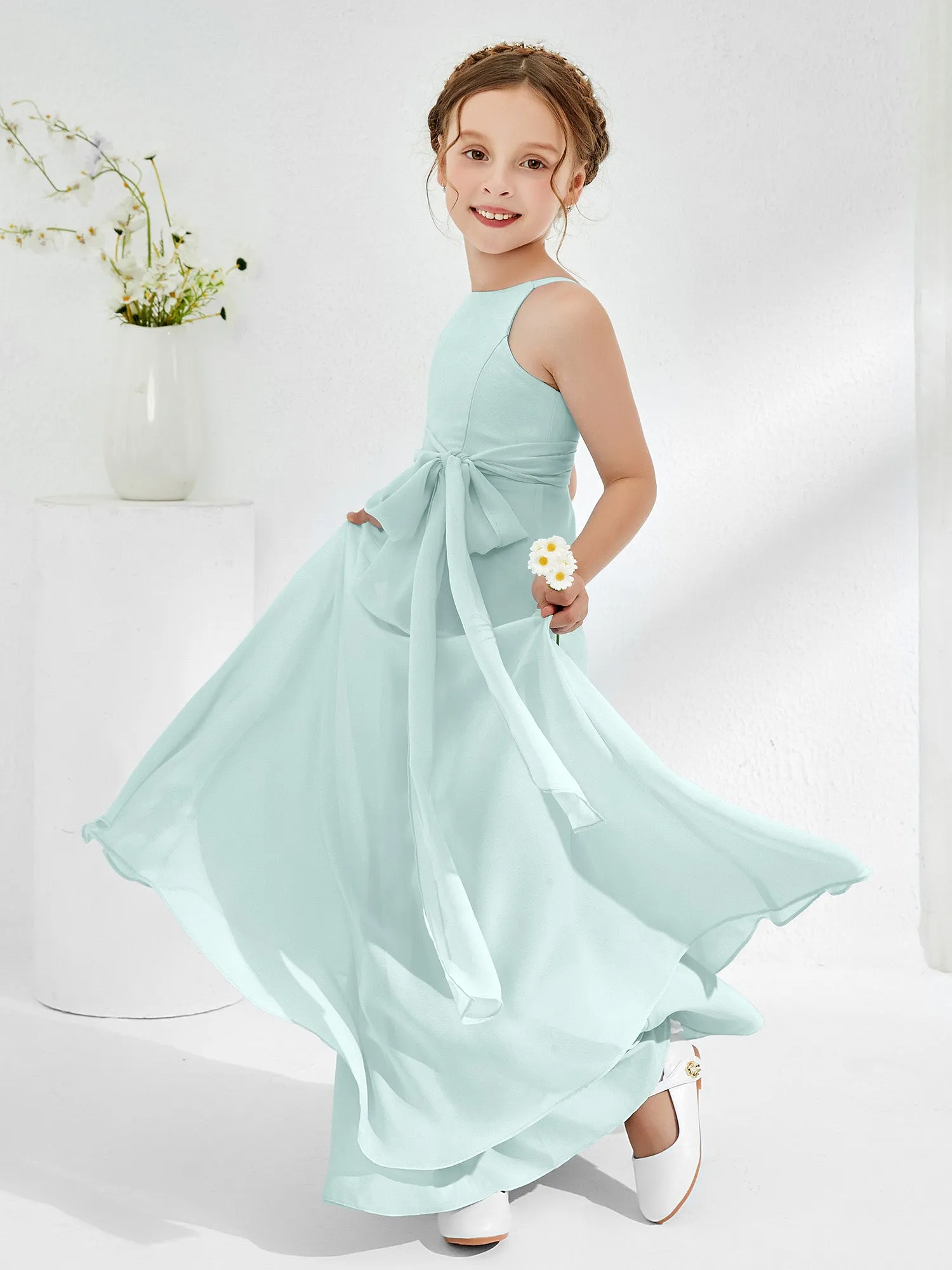 Bateau Neckline Junior Bridesmaid Dresses with Sash Mist