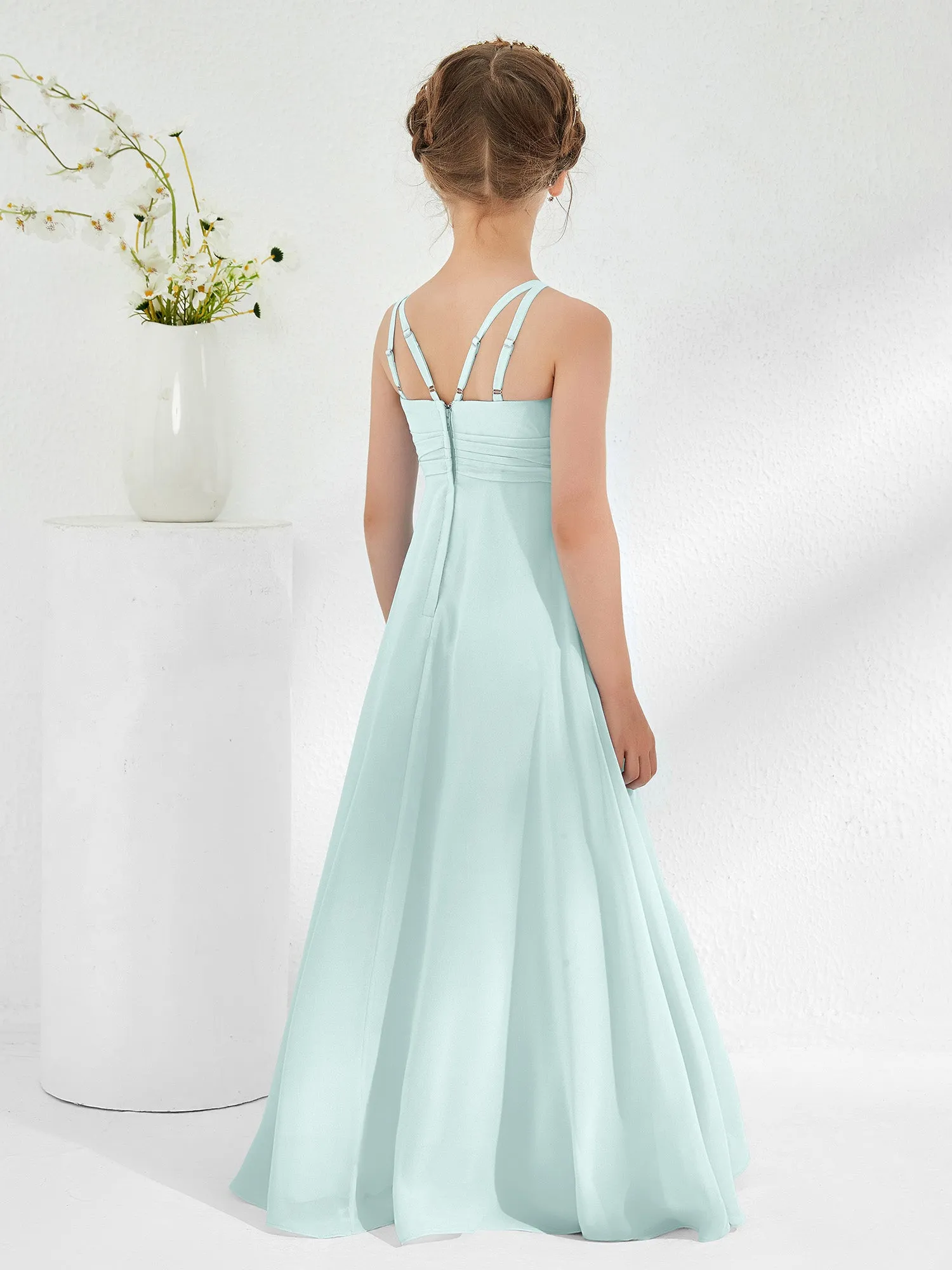 Bateau Neckline Junior Bridesmaid Dresses with Sash Mist