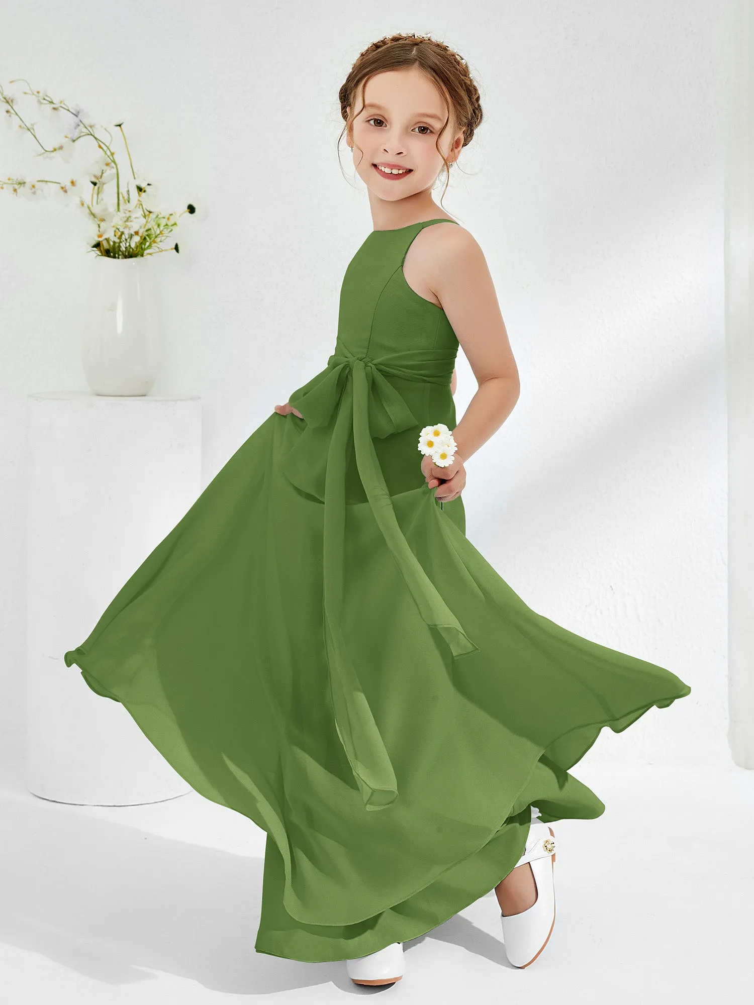 Bateau Neckline Junior Bridesmaid Dresses with Sash Moss