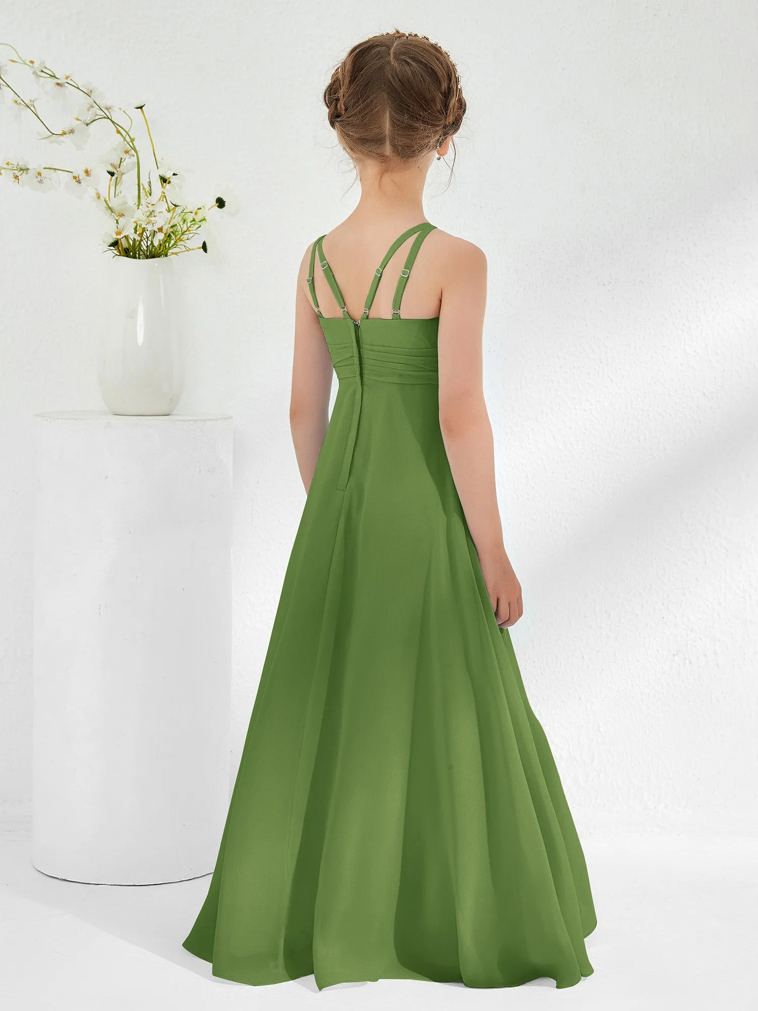 Bateau Neckline Junior Bridesmaid Dresses with Sash Moss