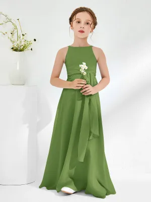 Bateau Neckline Junior Bridesmaid Dresses with Sash Moss