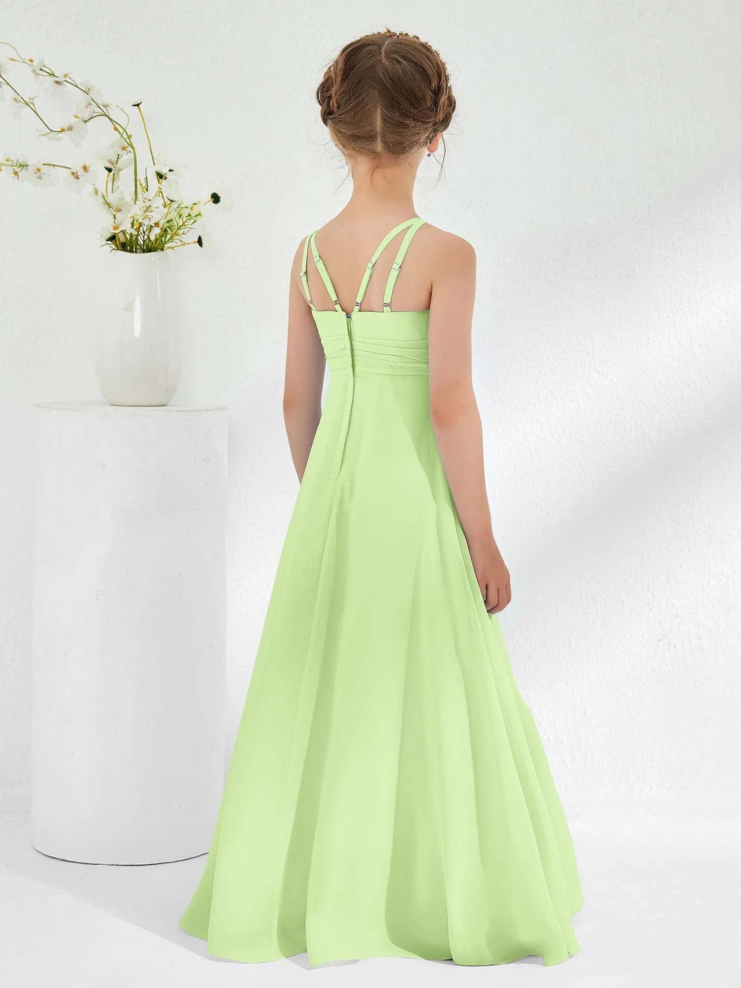 Bateau Neckline Junior Bridesmaid Dresses with Sash Sage
