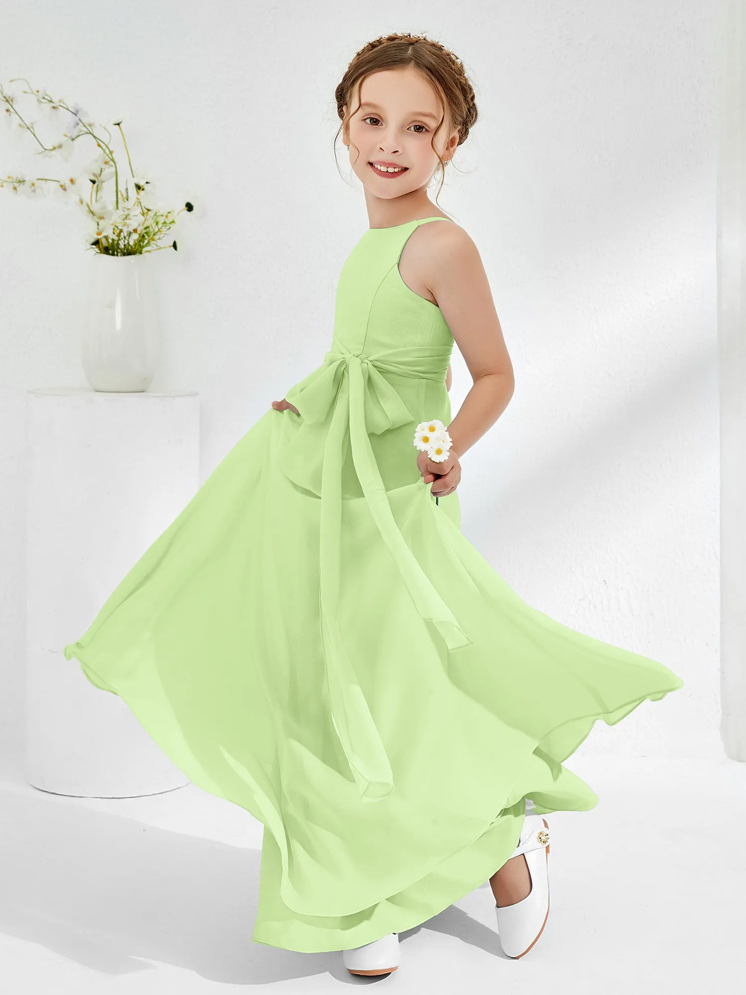 Bateau Neckline Junior Bridesmaid Dresses with Sash Sage