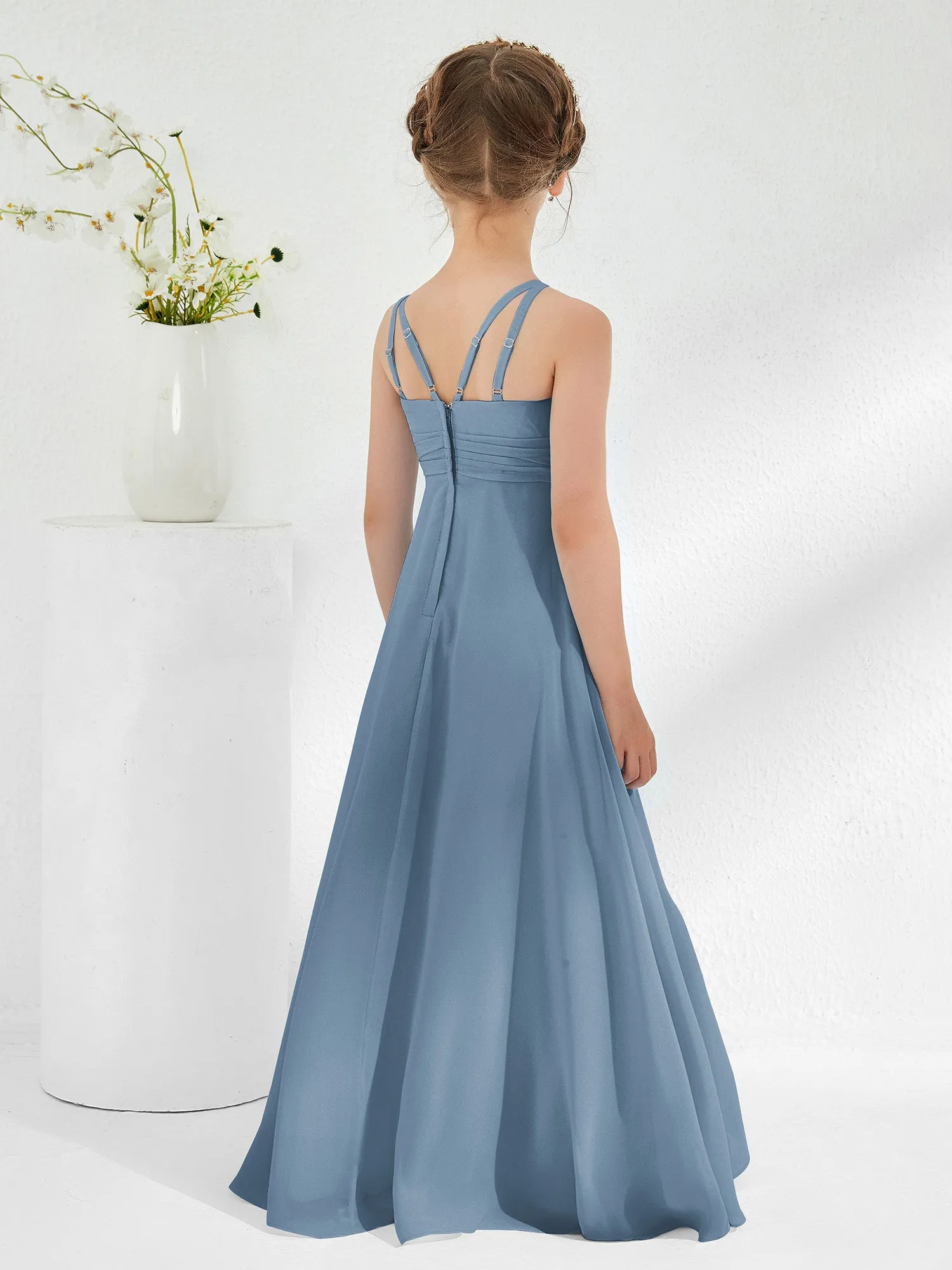 Bateau Neckline Junior Bridesmaid Dresses with Sash Slate Blue