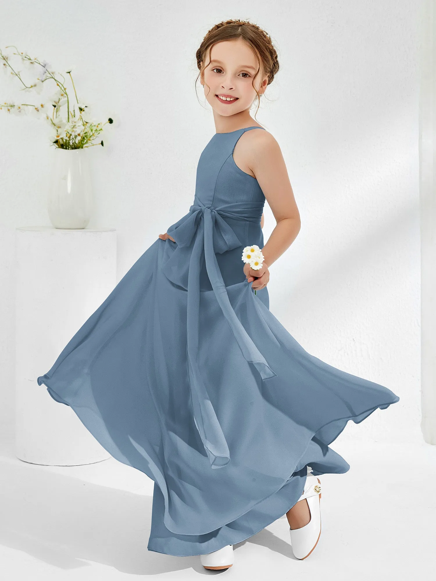 Bateau Neckline Junior Bridesmaid Dresses with Sash Slate Blue