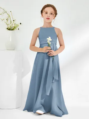 Bateau Neckline Junior Bridesmaid Dresses with Sash Slate Blue