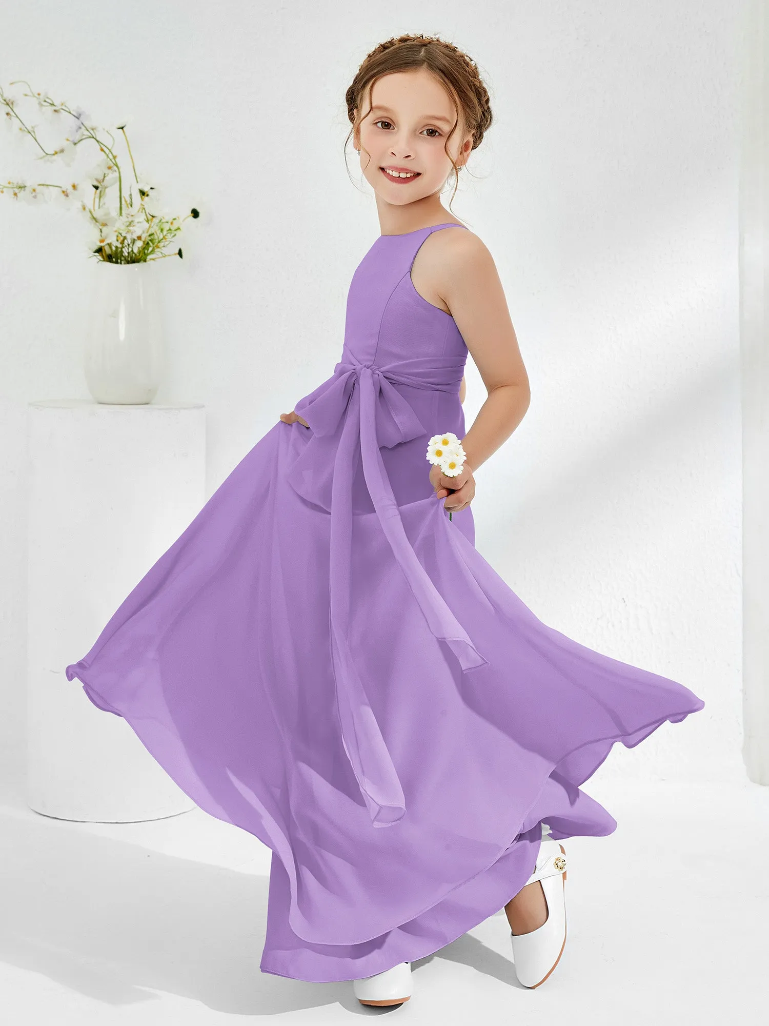 Bateau Neckline Junior Bridesmaid Dresses with Sash Tahiti