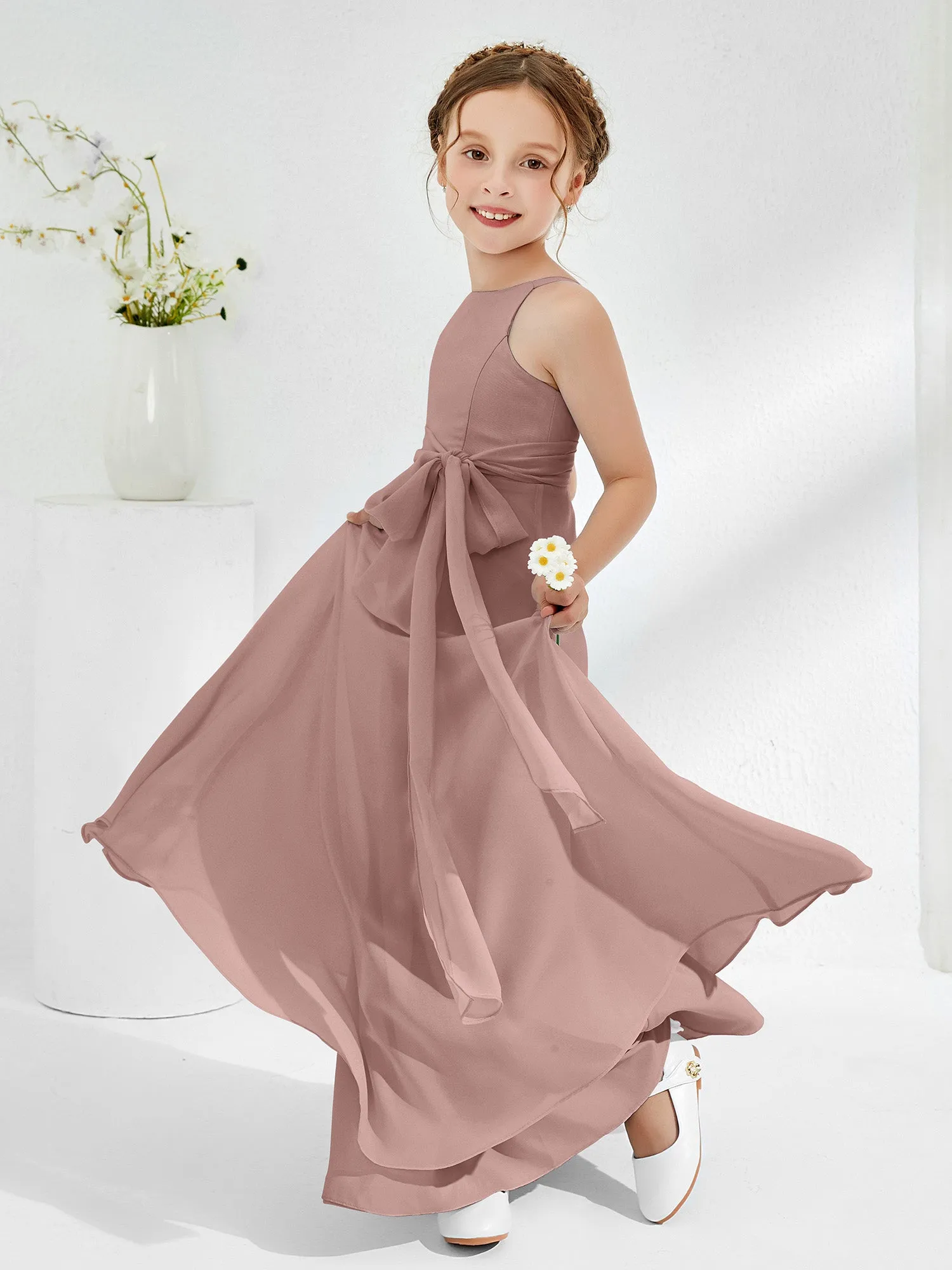 Bateau Neckline Junior Bridesmaid Dresses with Sash Vintage Mauve