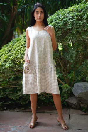 Beige Pure Linen Printed Dress