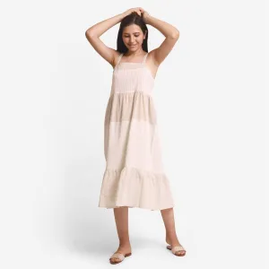 Beige Strappy Yarn Dyed Cotton Tier Maxi Dress