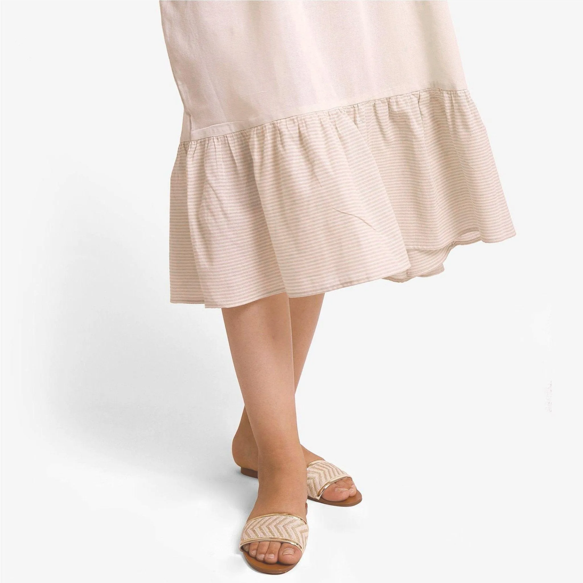Beige Strappy Yarn Dyed Cotton Tier Maxi Dress