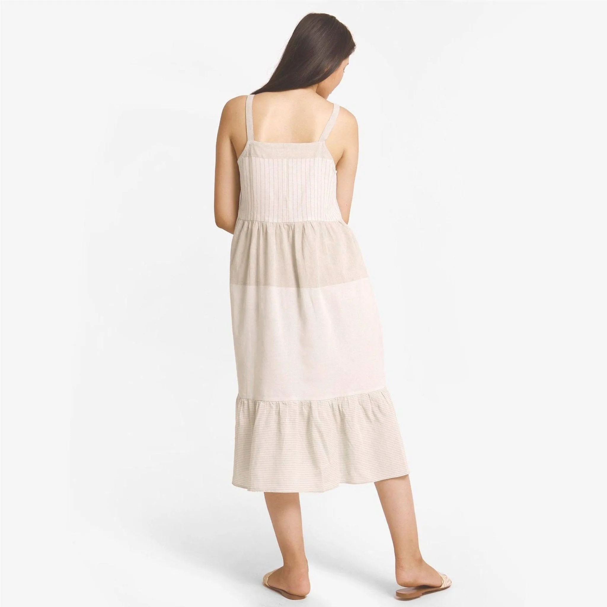 Beige Strappy Yarn Dyed Cotton Tier Maxi Dress