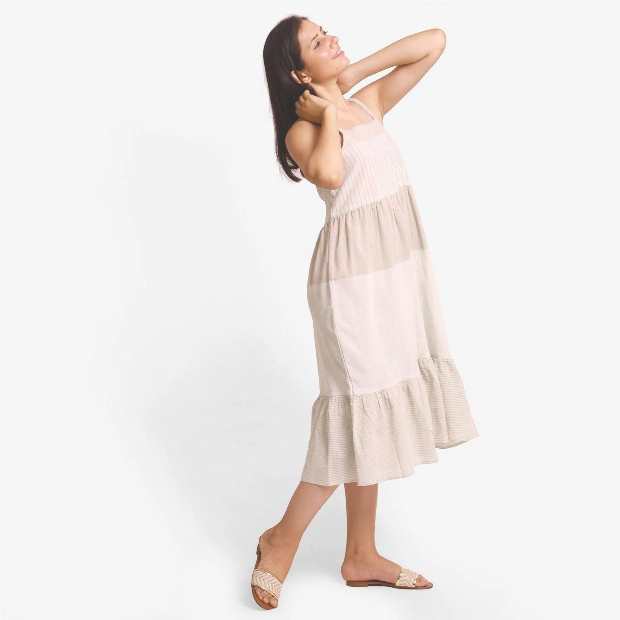Beige Strappy Yarn Dyed Cotton Tier Maxi Dress