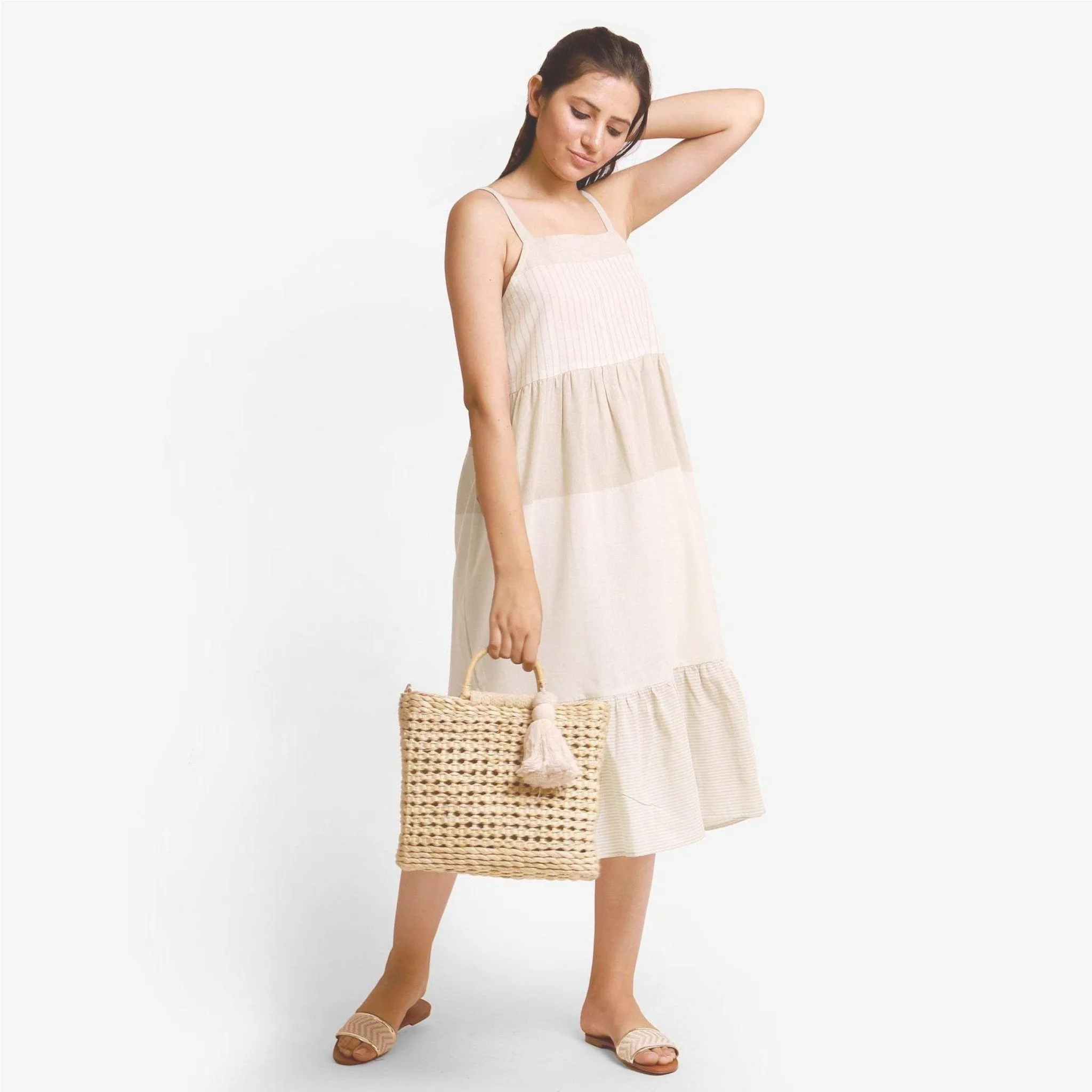 Beige Strappy Yarn Dyed Cotton Tier Maxi Dress