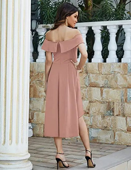 Black Off Shoulder High Low A Line Wedding Guest Party Cocktail Dress - JASAMBAC
