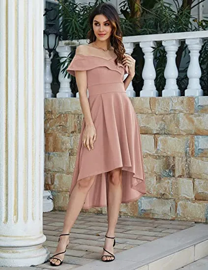 Black Off Shoulder High Low A Line Wedding Guest Party Cocktail Dress - JASAMBAC