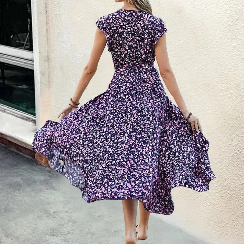 Bohemian V-neck Tie Slim Fit Large Hem Printed Dress