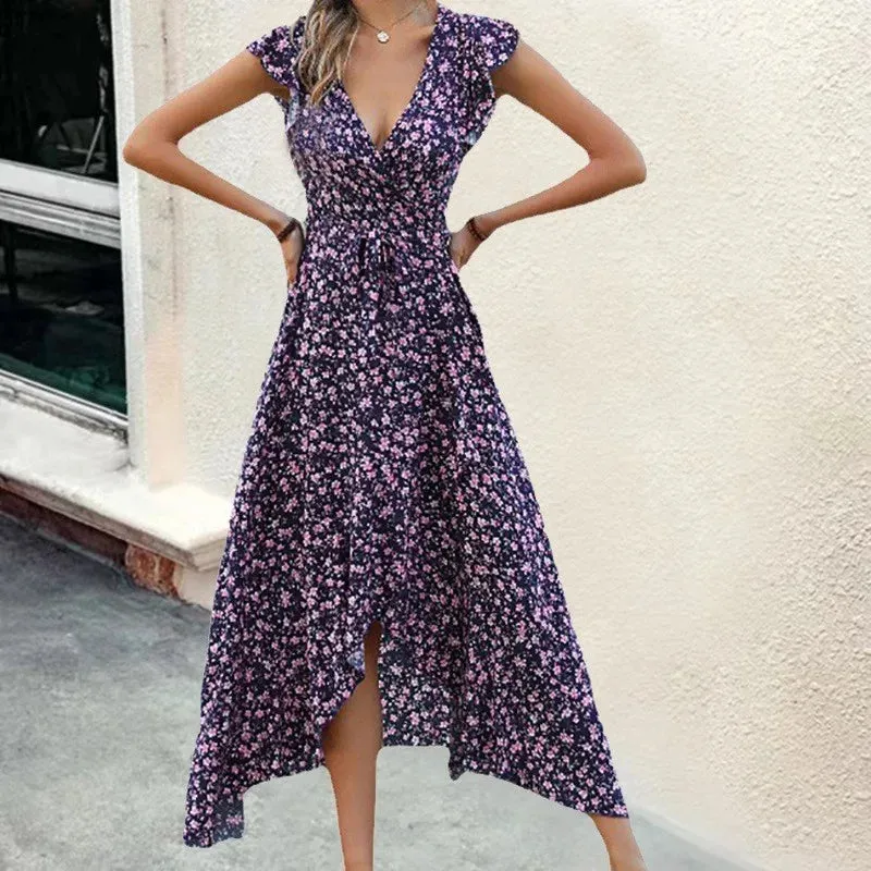 Bohemian V-neck Tie Slim Fit Large Hem Printed Dress