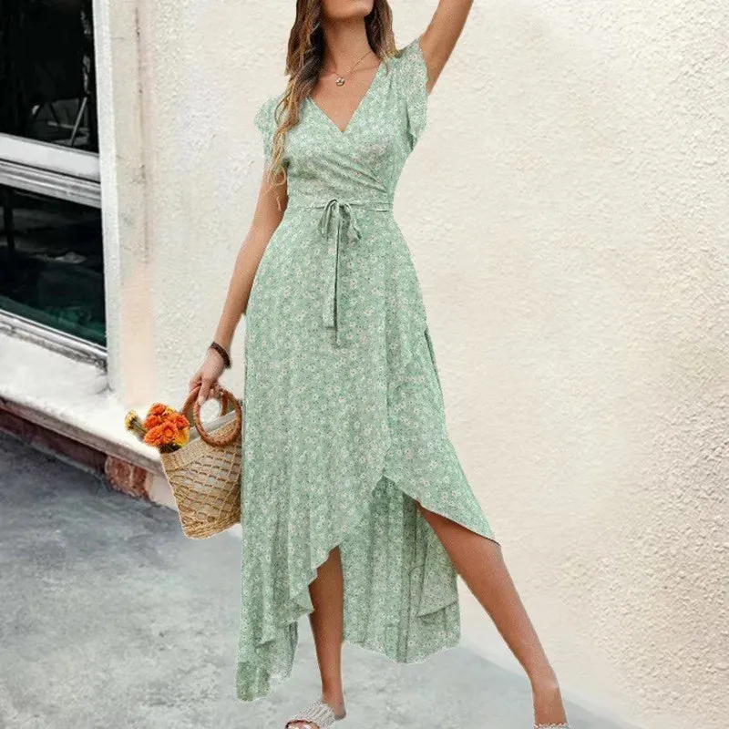 Bohemian V-neck Tie Slim Fit Large Hem Printed Dress