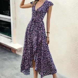 Bohemian V-neck Tie Slim Fit Large Hem Printed Dress