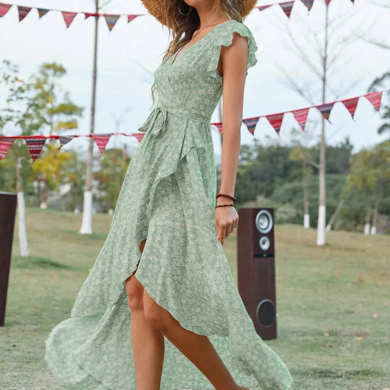 Bohemian V-neck Tie Slim Fit Large Hem Printed Dress