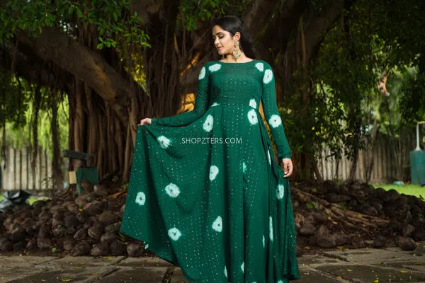 Botton Green Muslin Sequence Batik Print Dress