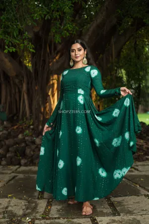 Botton Green Muslin Sequence Batik Print Dress